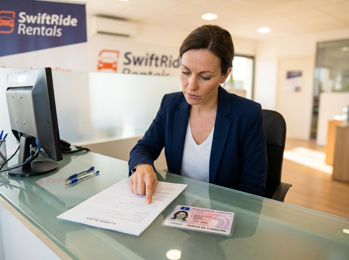 Femme à un comptoir de location de voiture indiquant son numéro de permis de conduire sur un formulaire