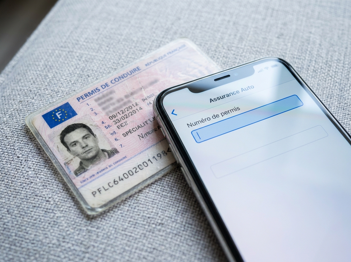 Vue du dessus d'un permis de conduire français posé à côté d'un smartphone affichant un formulaire d'assurance avec champ numéro de permis