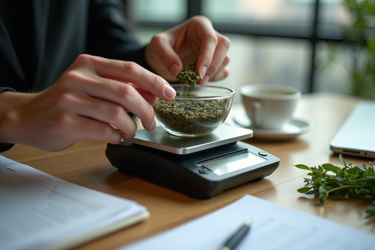Mains pesant des herbes en vrac sur une balance dans un espace de travail moderne