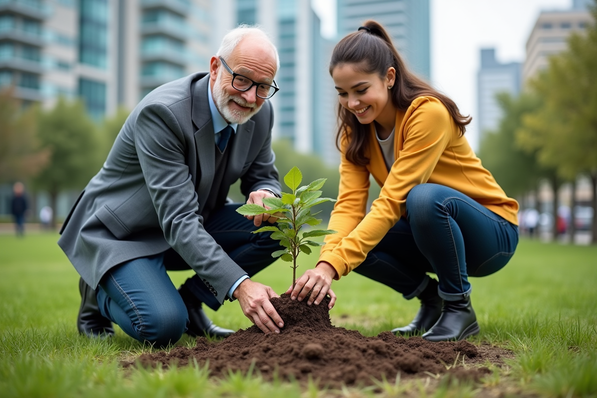 Jeune femme et homme plantant un arbre dans un parc urbain