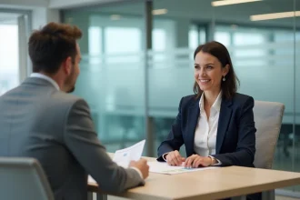 Deux professionnels en réunion commerciale analysant un document sur les personas clients dans un bureau moderne