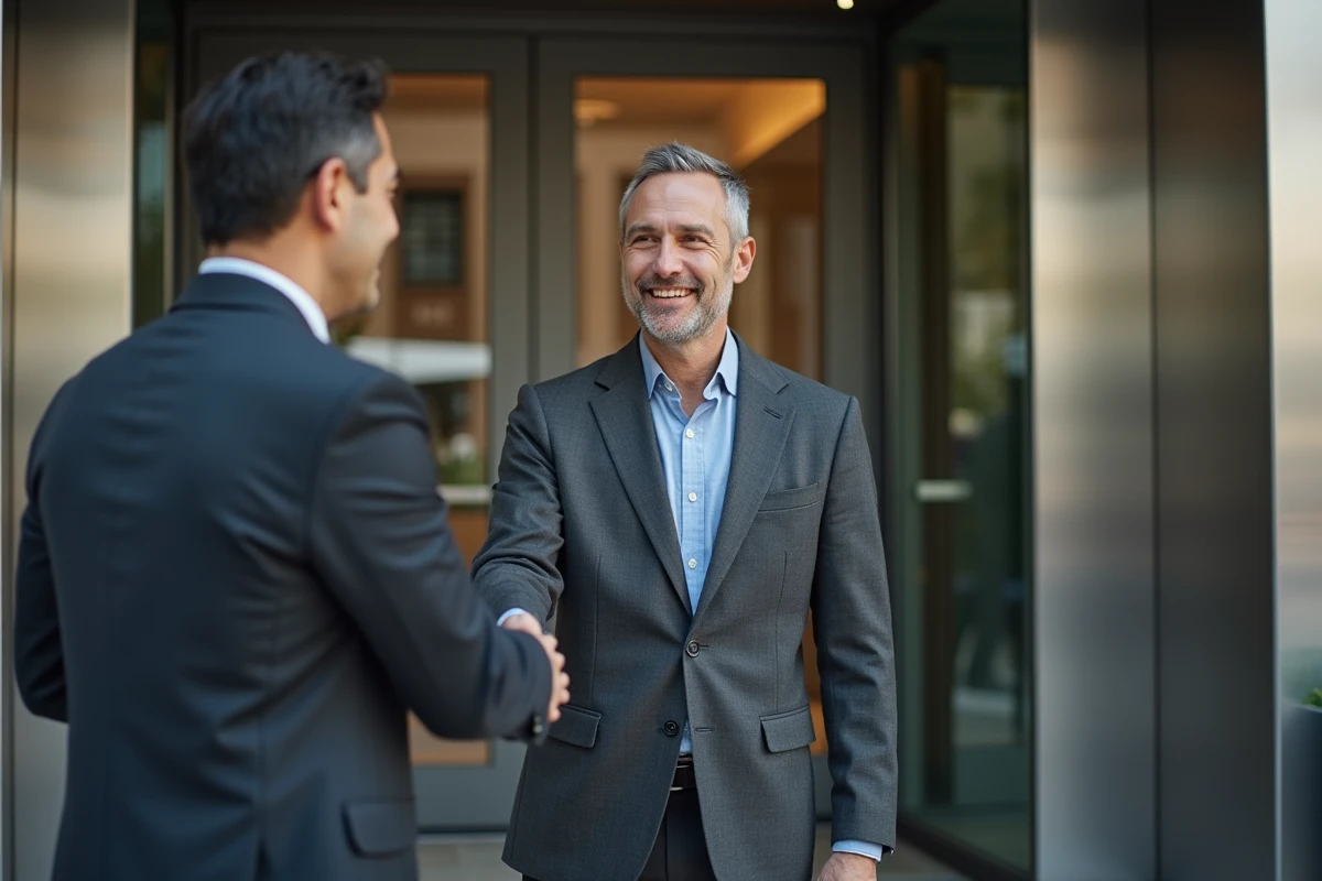 Recruteur du cabinet Rhapsody et candidat se serrant la main devant un immeuble d'entreprise après un placement réussi
