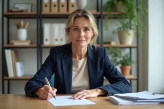 Femme professionnelle rédigeant une lettre recommandée avec accusé de réception à son bureau
