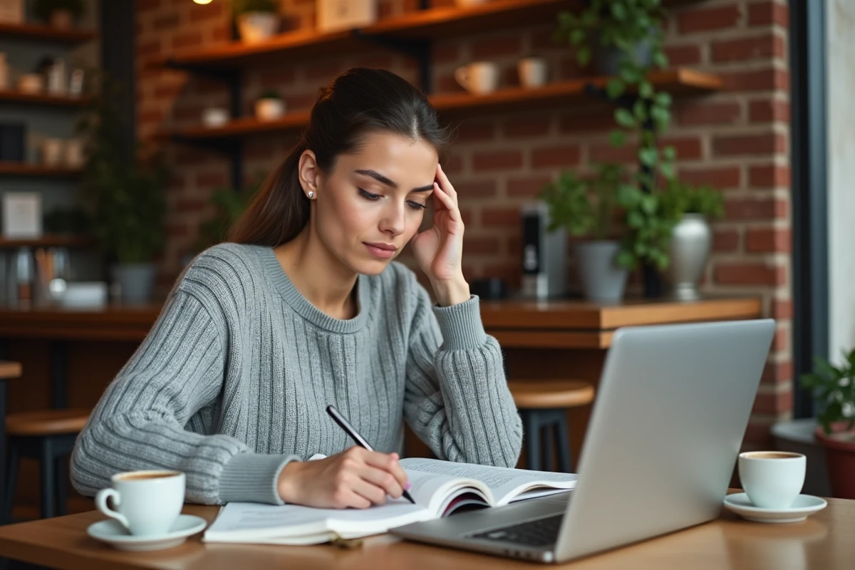Jeune femme relisant attentivement un texte pour corriger des erreurs d'orthographe dans un café