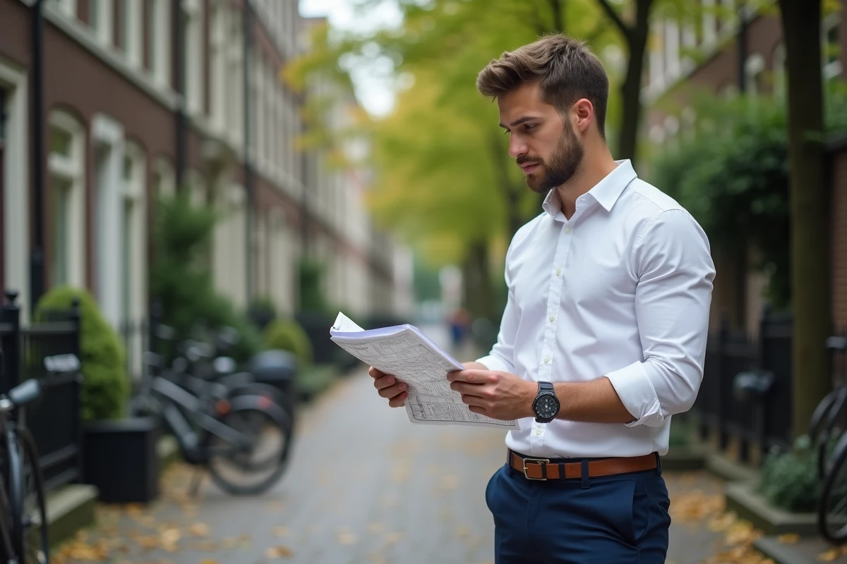 Représentant commercial préparant sa tournée de prospection porte-à-porte dans un quartier résidentiel