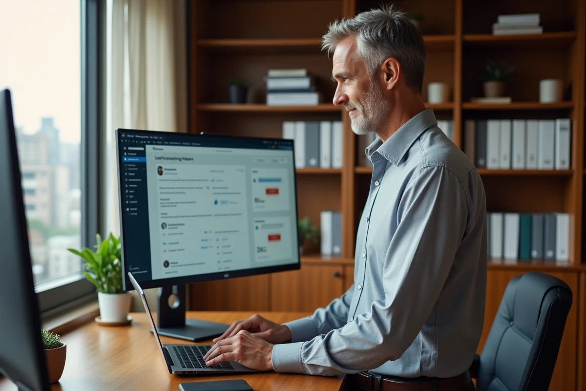 Responsable commercial B2B gérant une campagne LinkedIn de génération de leads qualifiés dans son bureau privé