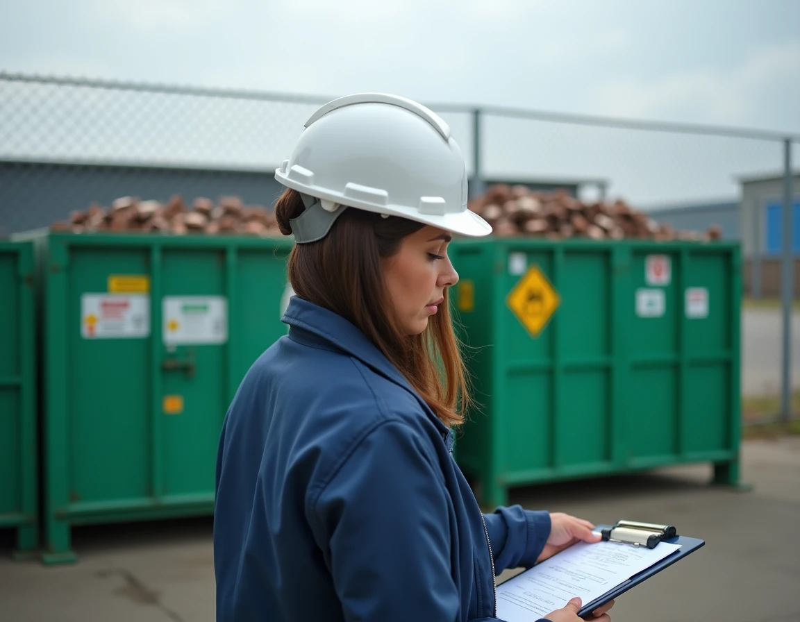 Responsable conformité environnementale inspectant des conteneurs de batteries usagées dans un centre de collecte et recyclage industriel