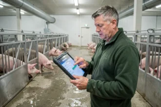 Responsable d'élevage consultant l'extranet Cooperl sur une tablette dans un bâtiment porcin moderne