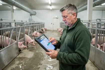 Responsable d'élevage consultant l'extranet Cooperl sur une tablette dans un bâtiment porcin moderne