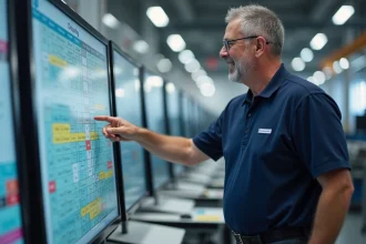 Responsable d'équipe en industrie présentant un planning de rotation en poste 5x8 sur un tableau mural dans une salle de contrôle