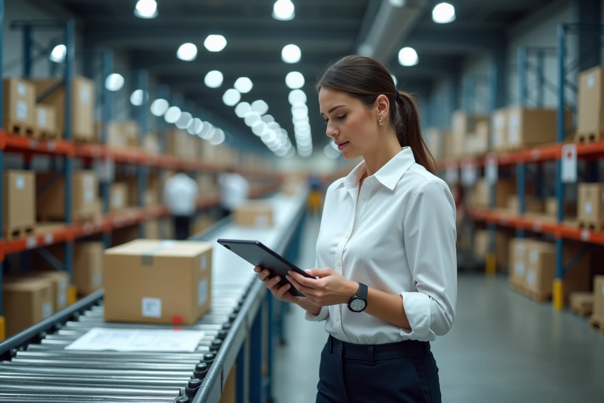Responsable logistique v&eacute;rifiant la conformit&eacute; douani&egrave;re d'un colis rejet&eacute; sur un tapis roulant d'entrep&ocirc;t
