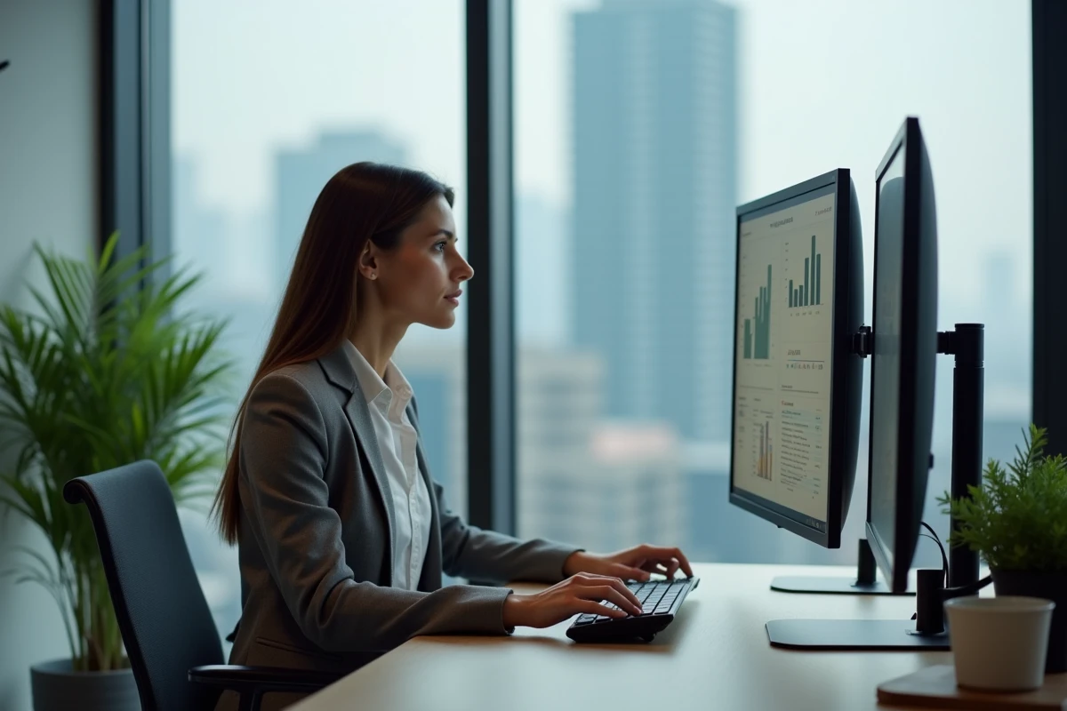 Responsable marketing analysant des donn&eacute;es de campagne sur un logiciel de gestion comme Opraz dans un bureau moderne