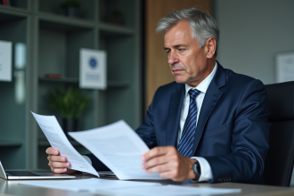 Manager sécurité en costume bleu examinant des documents