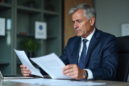 Manager sécurité en costume bleu examinant des documents