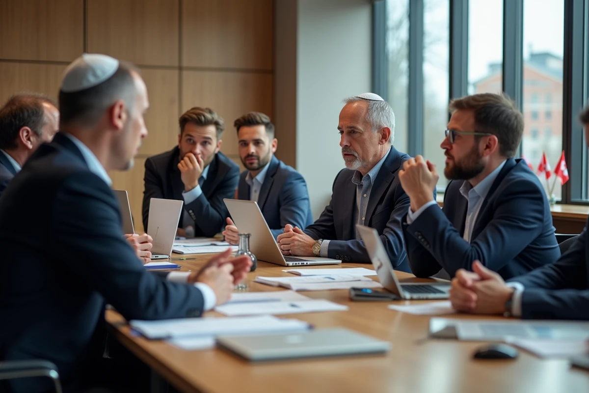 Groupe divers de personnes en discussion dans une salle moderne