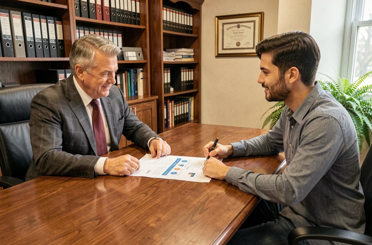 Réunion entre un expert-comptable et un jeune entrepreneur pour discuter de la création et de la gestion d'une nouvelle entreprise