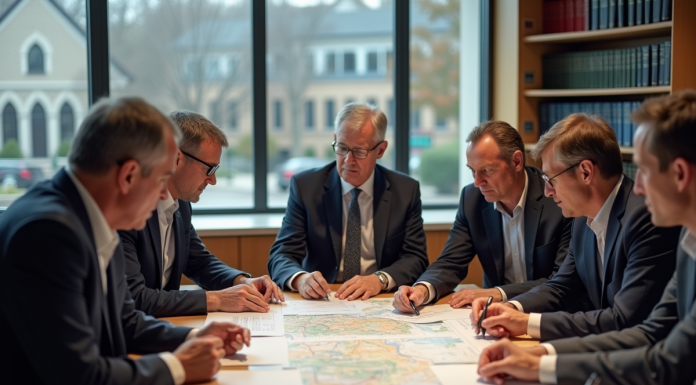 Groupe d'adultes en réunion autour d'une table municipale