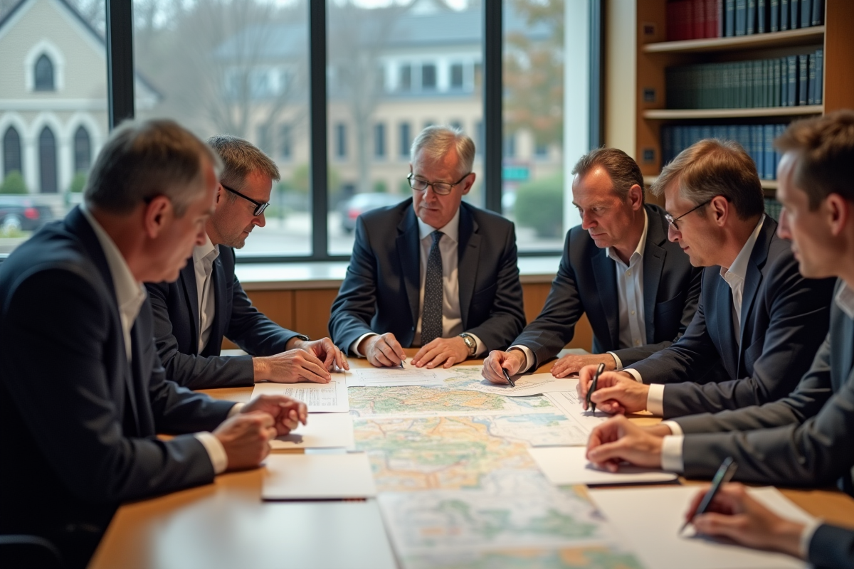 Groupe d'adultes en réunion autour d'une table municipale