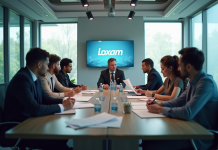 Réunion professionnelle dans un bureau moderne avec logo Loxam