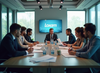 Réunion professionnelle dans un bureau moderne avec logo Loxam