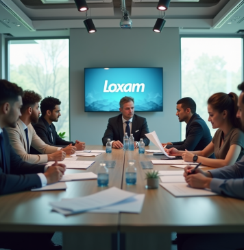 Réunion professionnelle dans un bureau moderne avec logo Loxam