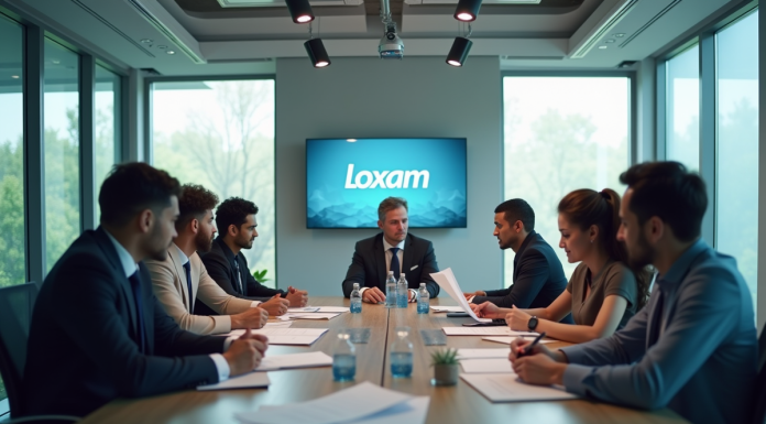 Réunion professionnelle dans un bureau moderne avec logo Loxam