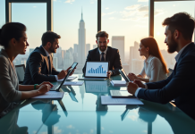 Groupe de professionnels échangeant autour d'une table moderne avec graphiques marketing
