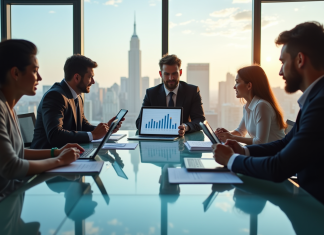 Stratégies marketing digital : quelles sont les clés du succès ? Groupe de professionnels échangeant autour d'une table moderne avec graphiques marketing