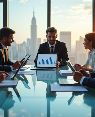Groupe de professionnels échangeant autour d'une table moderne avec graphiques marketing