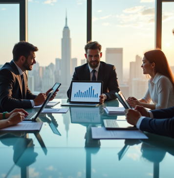 Stratégies marketing digital : quelles sont les clés du succès ? Groupe de professionnels échangeant autour d'une table moderne avec graphiques marketing