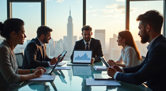 Groupe de professionnels échangeant autour d'une table moderne avec graphiques marketing