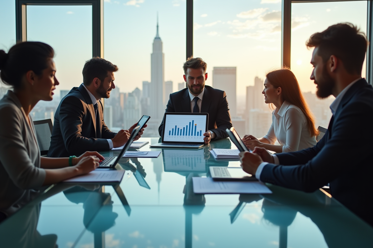 Groupe de professionnels échangeant autour d'une table moderne avec graphiques marketing