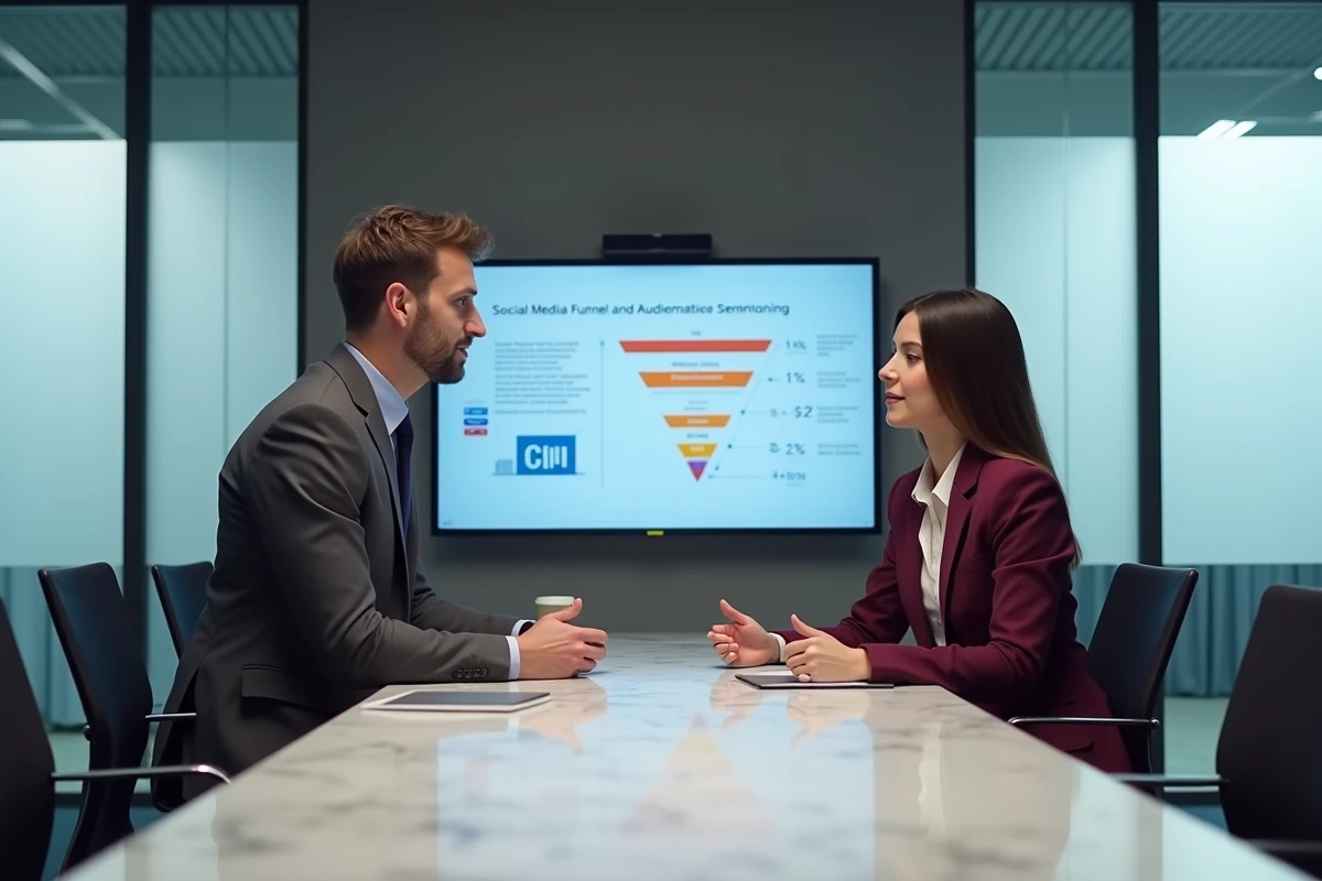 Deux professionnels B2B en réunion stratégique autour d'un tableau de bord de génération de leads sur écran tactile
