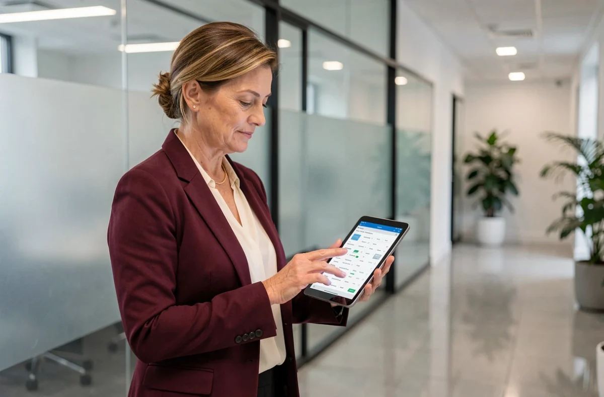 Responsable RH consultant une plateforme centralisée de gestion des bulletins de paie sur une tablette dans un couloir d'entreprise