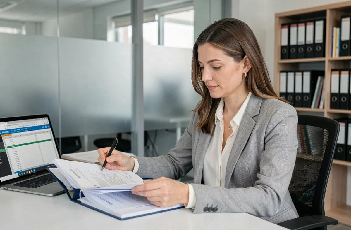 Responsable RH portuaire lisant un contrat de travail dans un bureau administratif moderne
