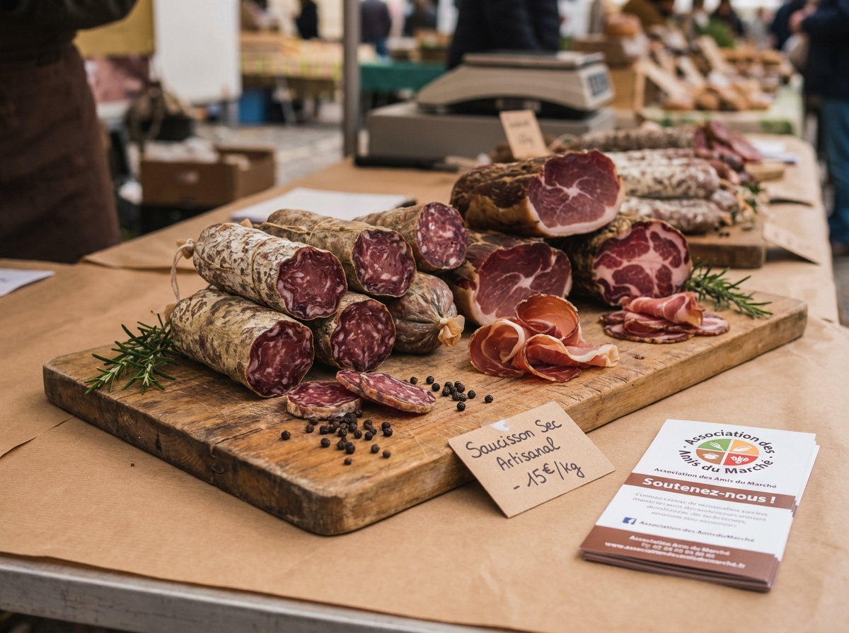 Saucissons artisanaux et charcuterie disposés sur une planche en bois pour une vente associative