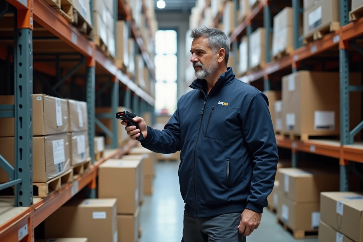 Employ&eacute; logistique scannant une palette dans un entrep&ocirc;t parisien
