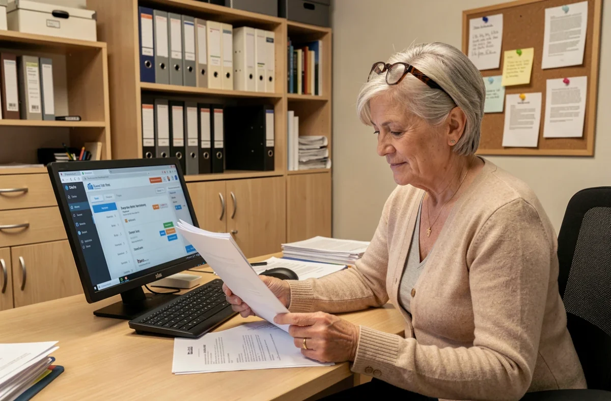 Femme senior consultant des documents et un tableau de bord Terciel sur ordinateur de bureau dans un bureau administratif