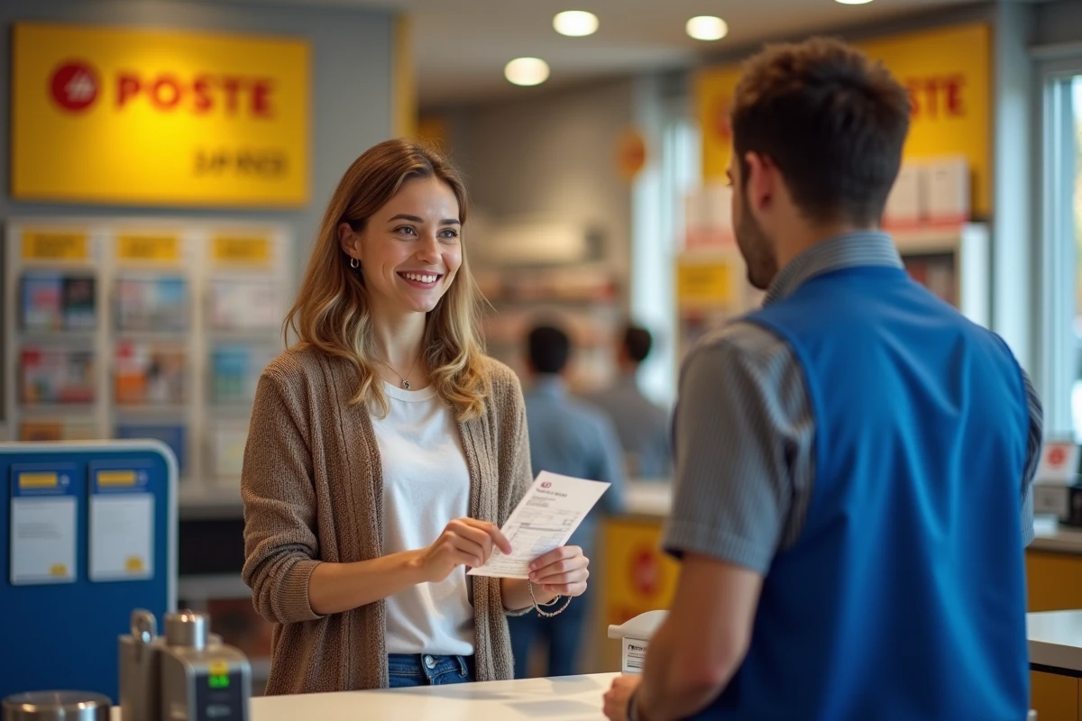 Cliente en discussion avec un employé au comptoir d'un bureau de La Poste pour un suivi Chronopost