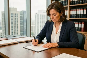 Femme professionnelle signant un document officiel p/o au bureau dans un cadre d'entreprise moderne