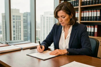 Femme professionnelle signant un document officiel p/o au bureau dans un cadre d'entreprise moderne