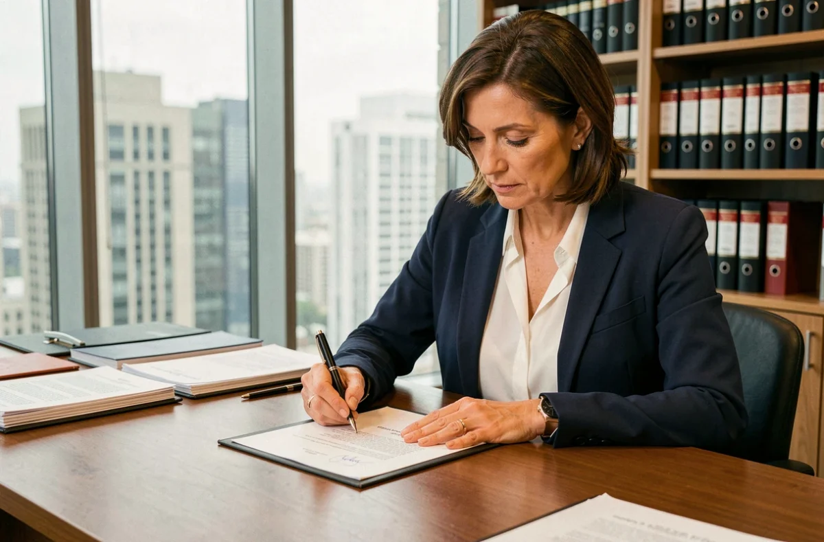 Femme professionnelle signant un document officiel p/o au bureau dans un cadre d'entreprise moderne