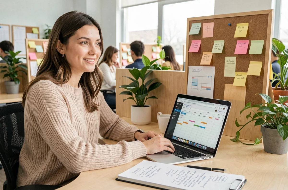 Chargée de communication de So Comm planifiant une stratégie digitale sur ordinateur portable dans un espace de coworking moderne