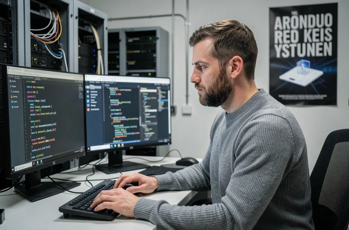 Développeur de Sphere Web codant un site internet sur plusieurs écrans dans un bureau orienté technologie