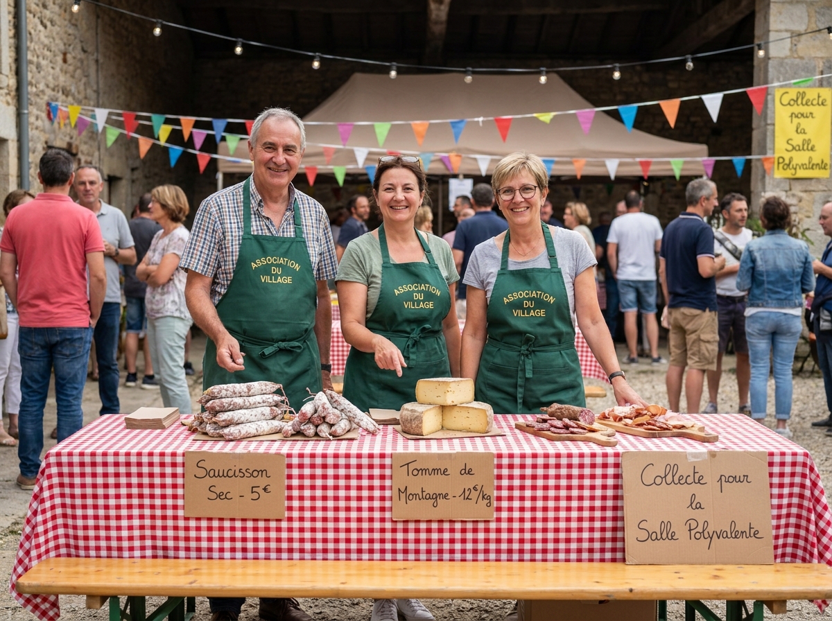 Bénévoles d'une association vendant des saucissons artisanaux sur un stand extérieur lors d'une vente caritative