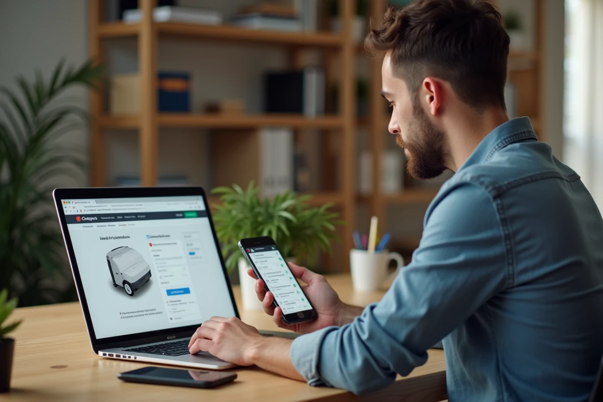 Homme consultant le suivi de colis Chronopost en ligne depuis son bureau à domicile