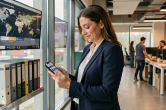 Professionnelle en logistique consultant l'application MSC de suivi de conteneurs sur son smartphone dans un bureau moderne