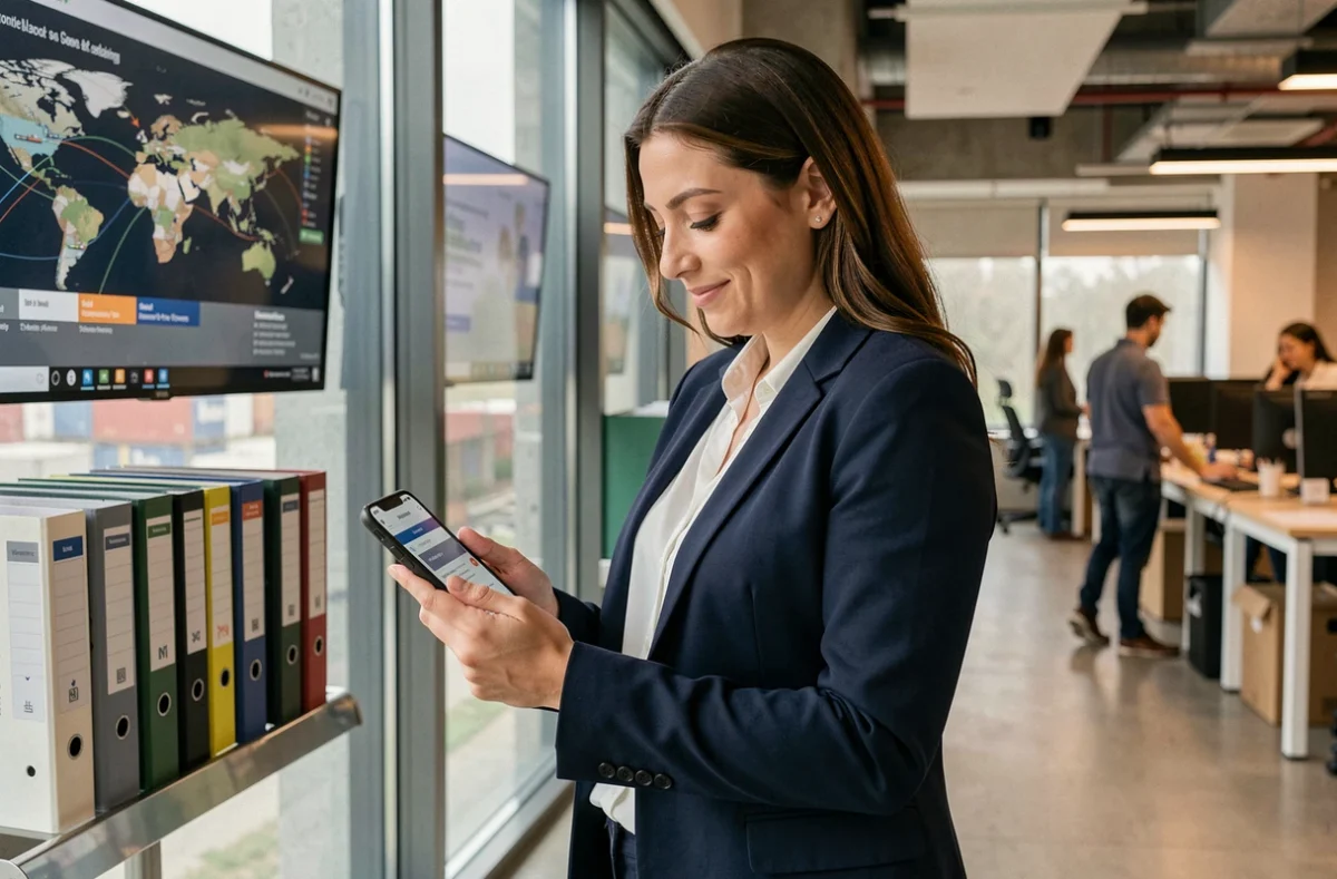 Professionnelle en logistique consultant l'application MSC de suivi de conteneurs sur son smartphone dans un bureau moderne