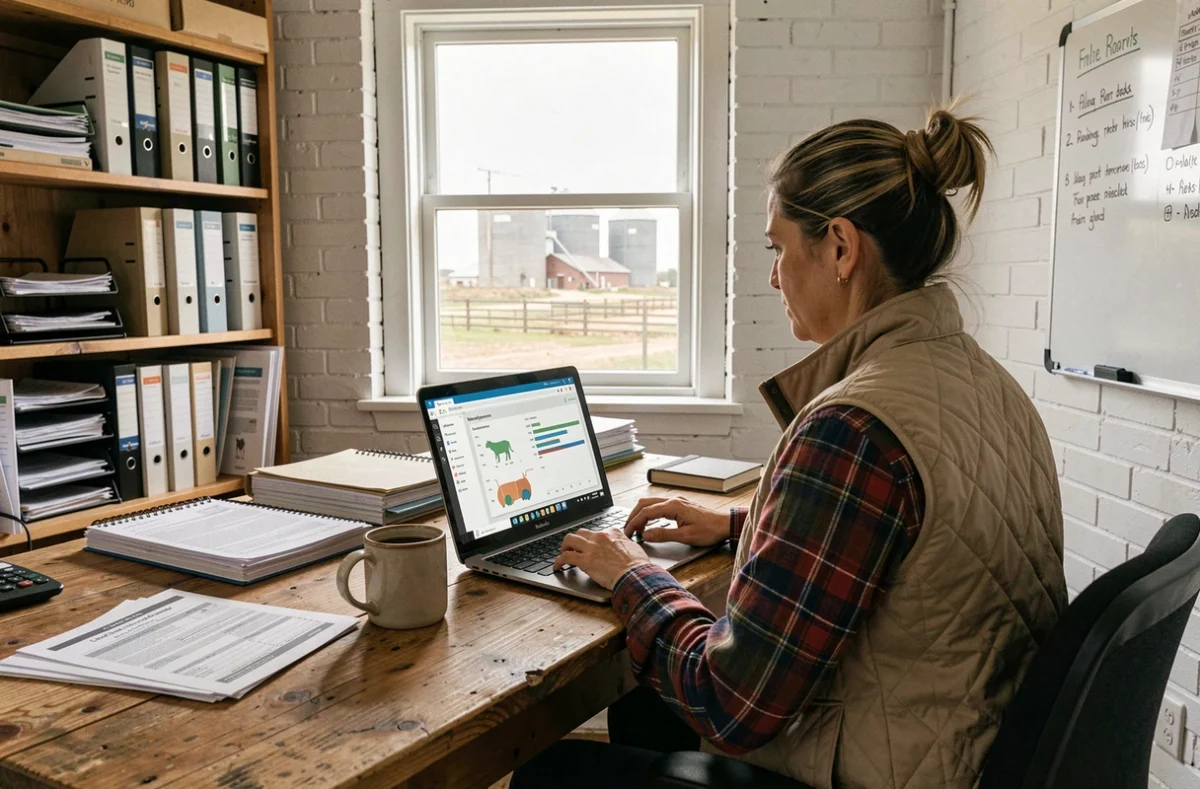Responsable d'élevage féminine gérant son suivi en ligne sur l'extranet Cooperl depuis un bureau de ferme