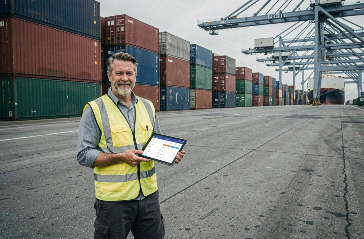 Agent portuaire utilisant une tablette pour suivre des conteneurs MSC en temps réel dans un terminal maritime